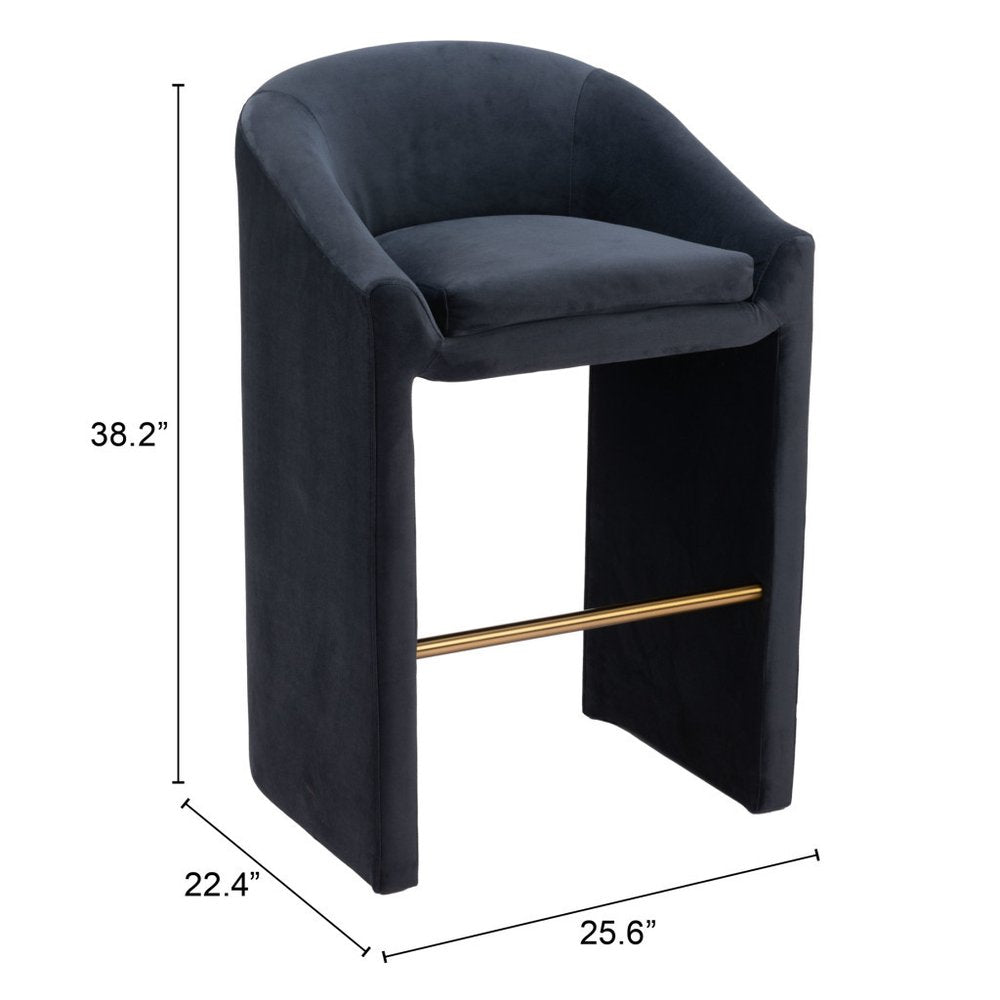 30" Gray And Gold Velvet And Steel Low Back Bar Height Bar Chair