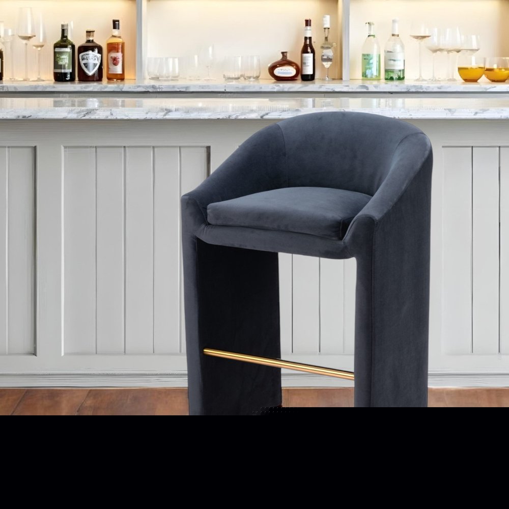 30" Gray And Gold Velvet And Steel Low Back Bar Height Bar Chair