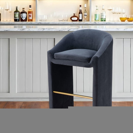 30" Gray And Gold Velvet And Steel Low Back Bar Height Bar Chair