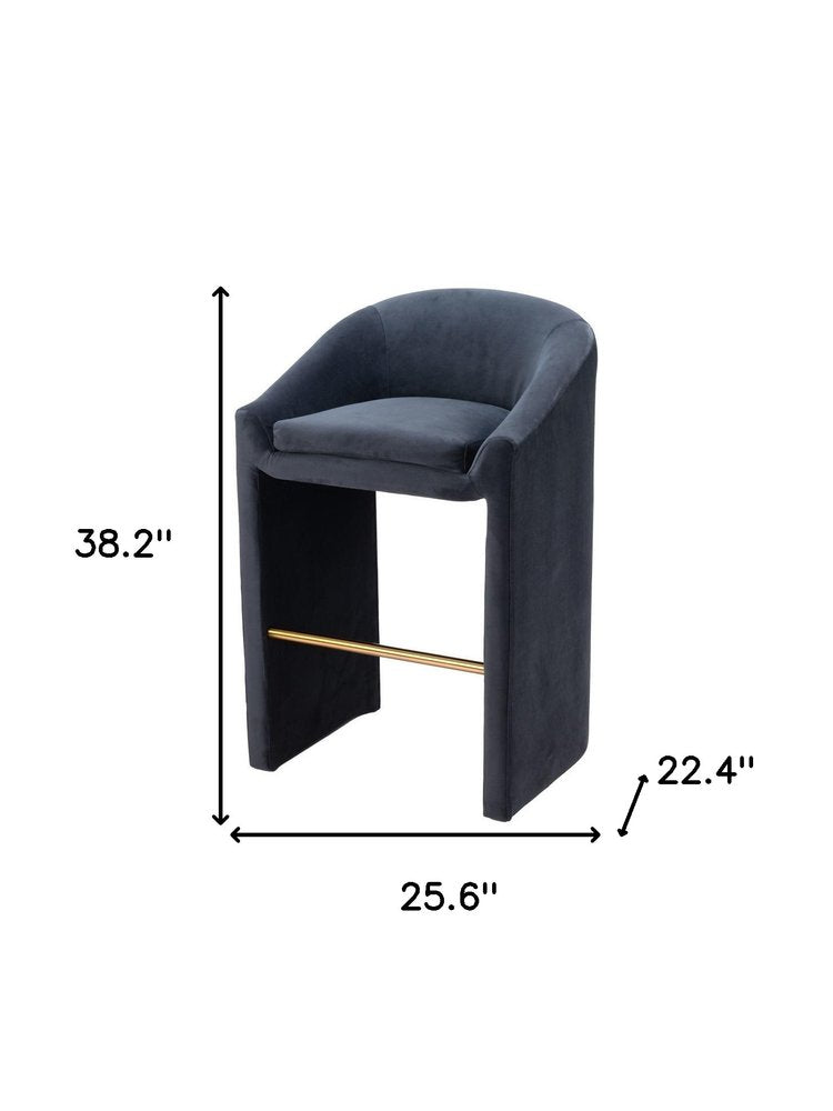 30" Gray And Gold Velvet And Steel Low Back Bar Height Bar Chair