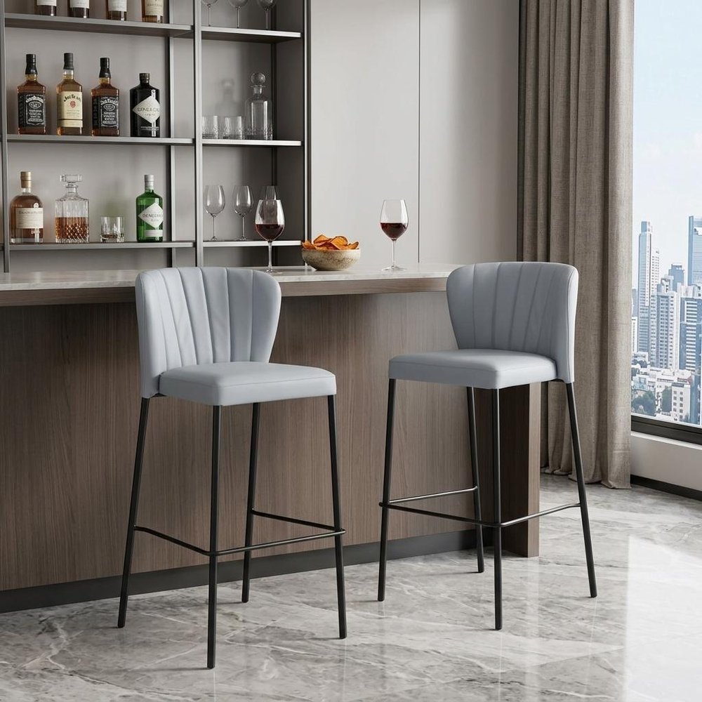 Set of Two 29" Gray And Black Faux Leather And Steel Bar Height Bar Chairs