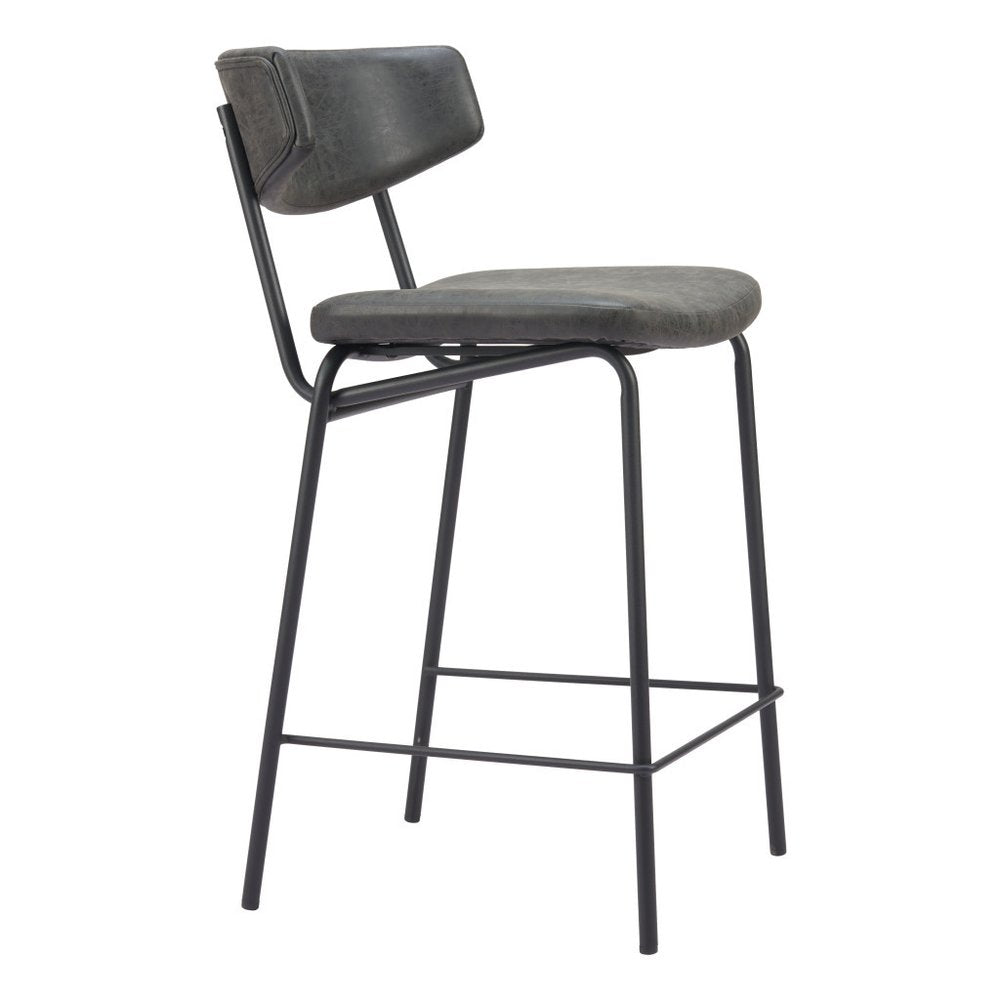 Set of Two 30" Black Faux Leather and Steel Low Back Bar Height Bar Chairs