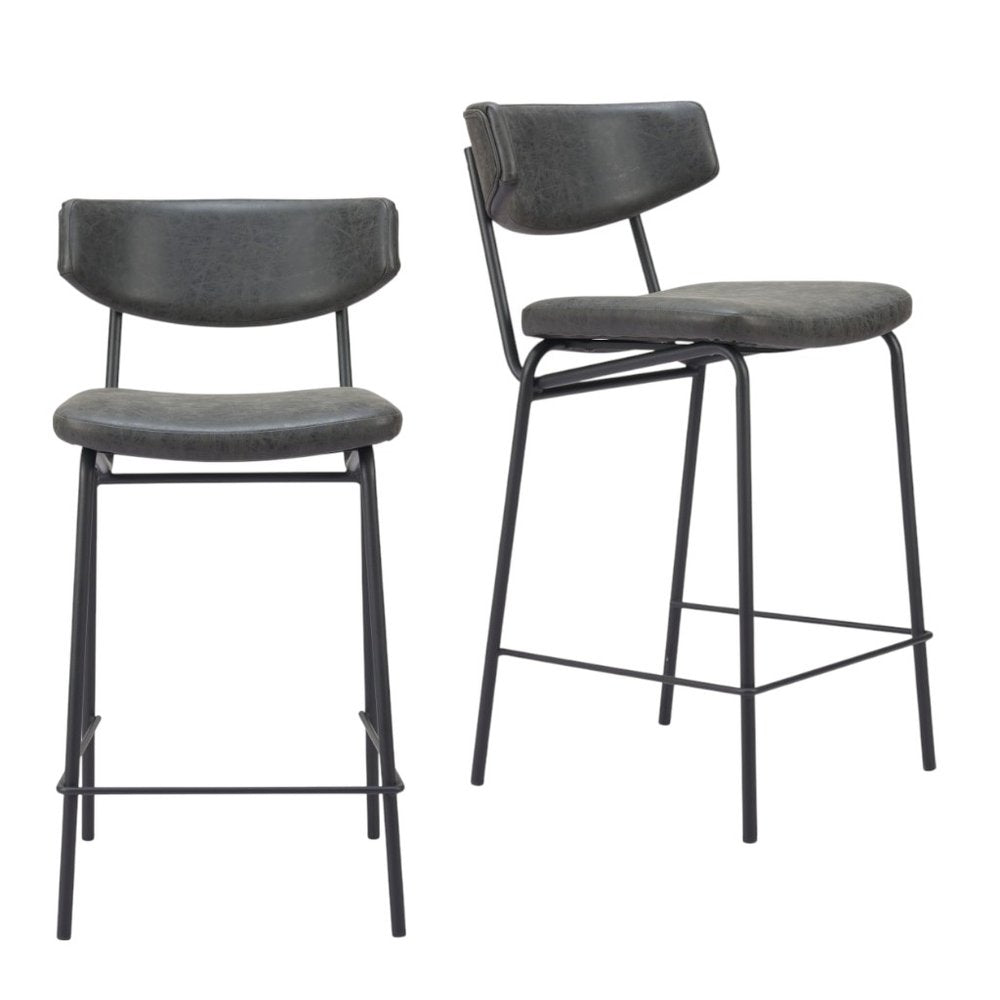 Set of Two 30" Black Faux Leather and Steel Low Back Bar Height Bar Chairs