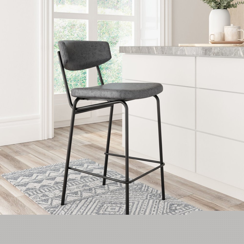 Set of Two 30" Black Faux Leather and Steel Low Back Bar Height Bar Chairs