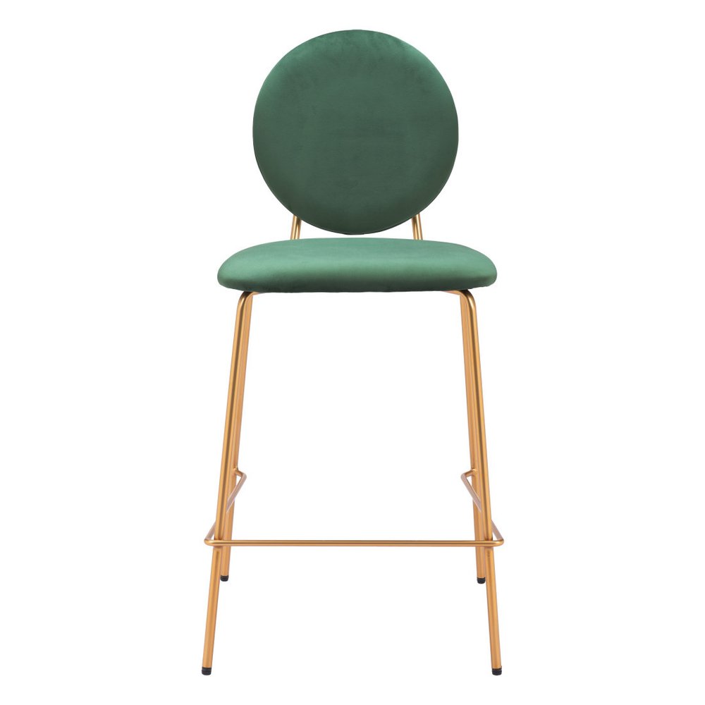 Set of Two 26" Green and Gold Velvet and Steel Counter Height Bar Chairs