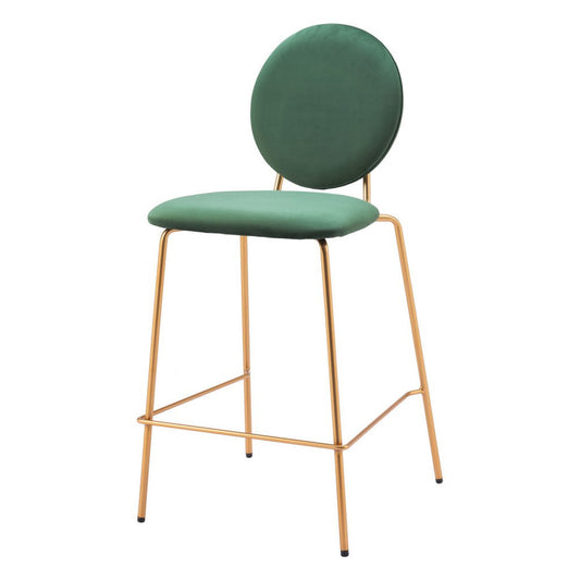 Set of Two 26" Green And Gold Velvet And Steel Counter Height Bar Chairs