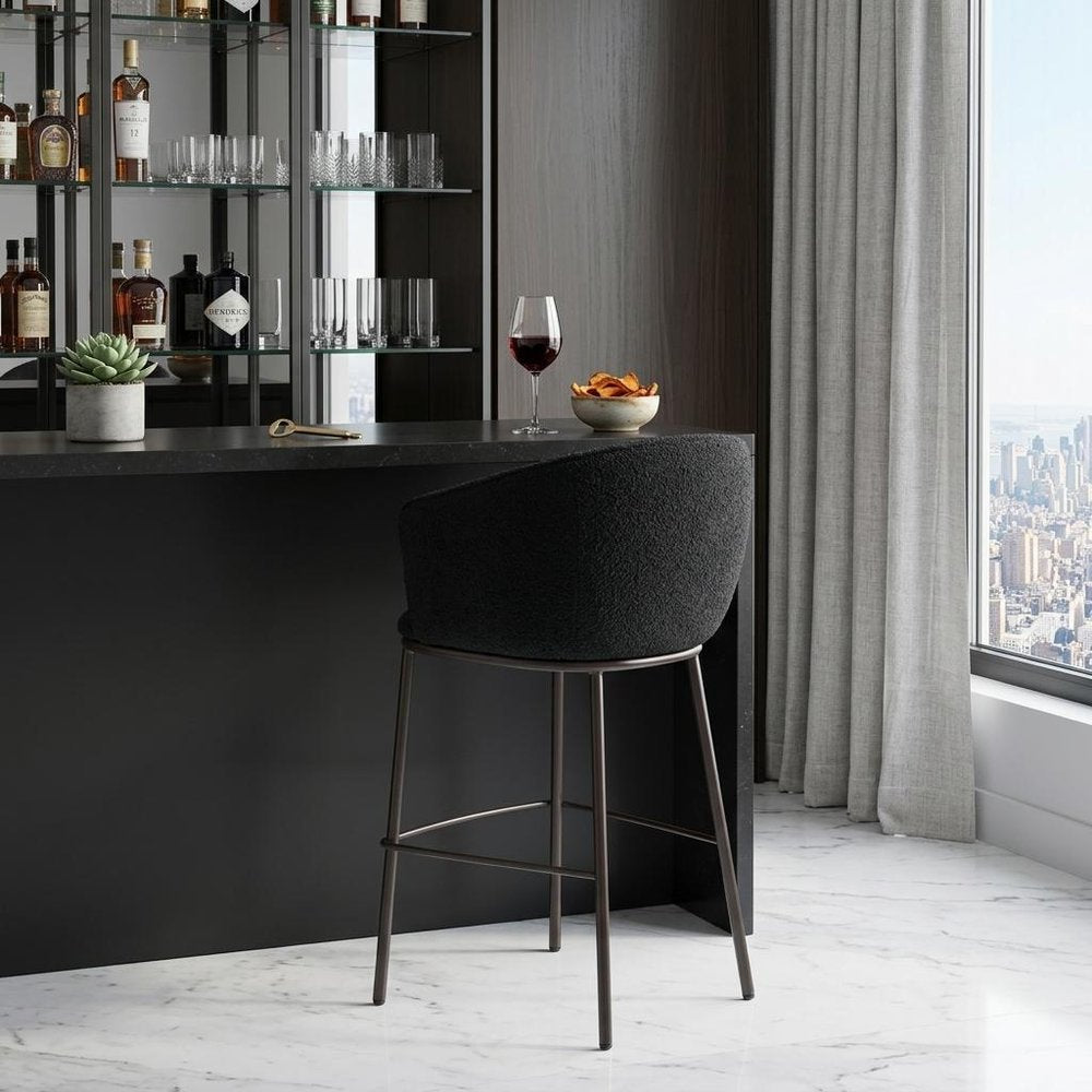 30" Black And Bronze Shearling And Steel Bar Height Bar Chair
