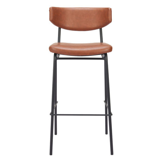 Set of Two 26" Brown And Black Faux Leather And Fabric And Steel Bar Height Bar Chairs