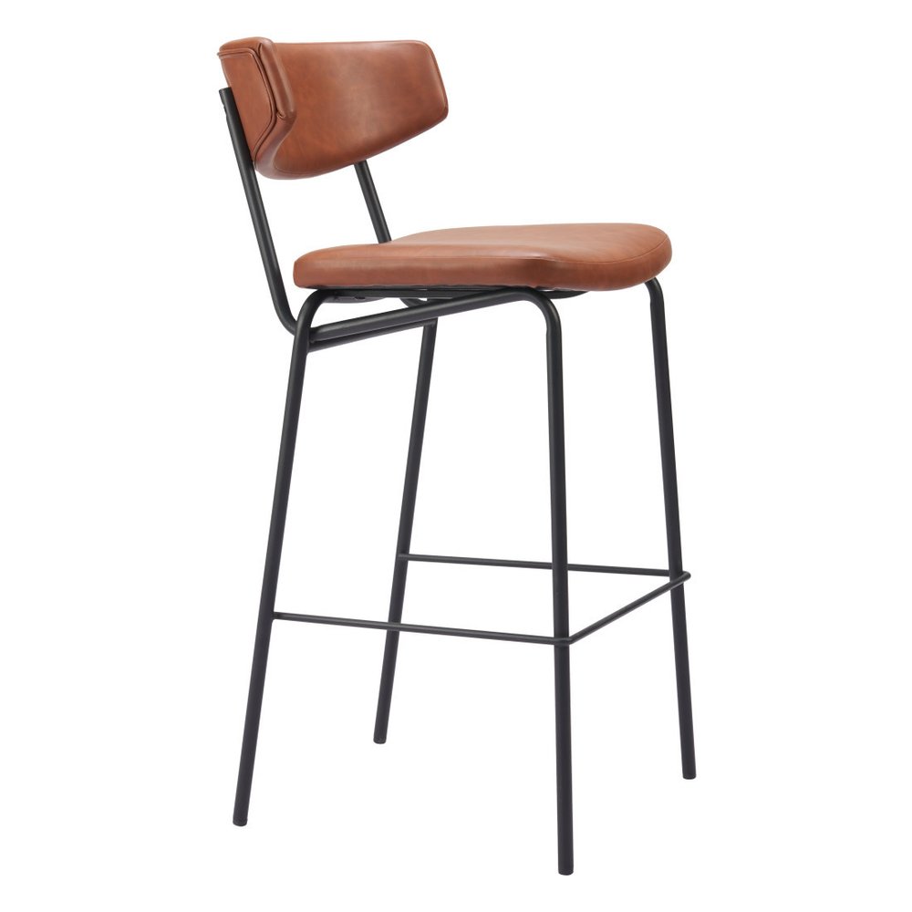 Set of Two 26" Brown And Black Faux Leather And Steel Counter Height Bar Chairs