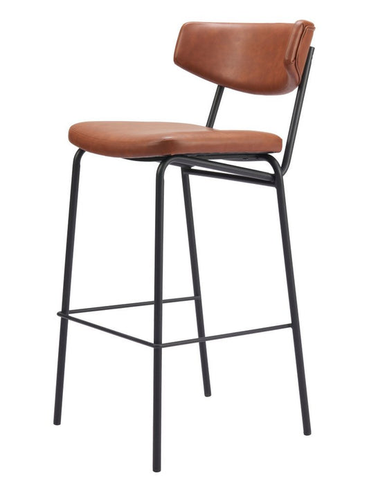 Set of Two 26" Brown And Black Faux Leather And Fabric And Steel Bar Height Bar Chairs