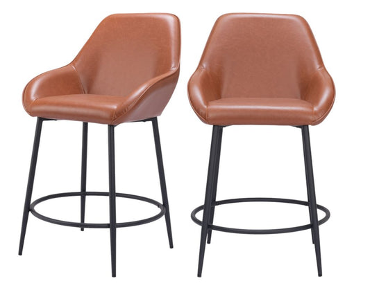 Set of Two 25" Brown And Black Faux Leather And Fabric And Steel Counter Height Bar Chairs