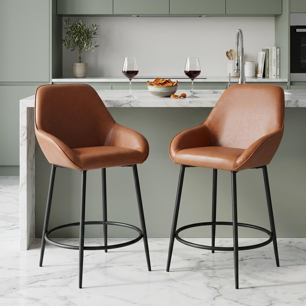 Set of Two 25" Brown And Black Faux Leather And Steel Counter Height Bar Chairs