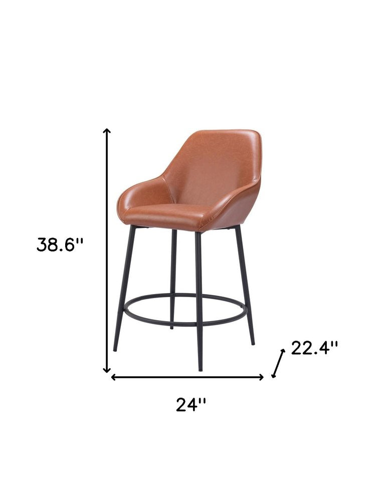 Set of Two 25" Brown And Black Faux Leather And Steel Counter Height Bar Chairs