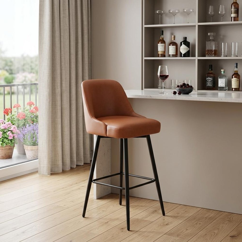 30" Brown And Black Faux Leather And Steel Bar Height Swivel Bar Chair