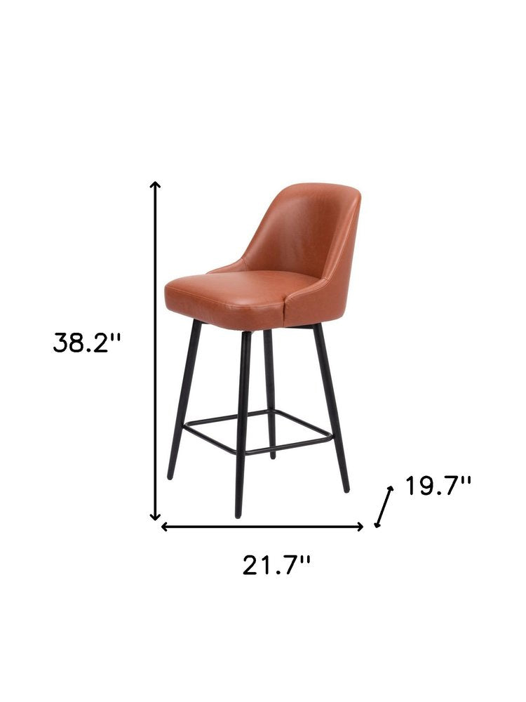 26" Brown And Black Faux Leather And Steel Counter Height Swivel Bar Chair