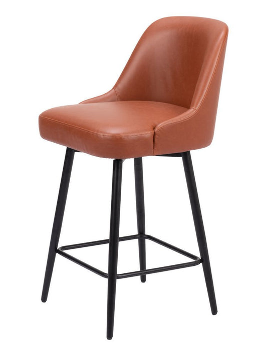 26" Brown And Black Faux Leather And Fabric And Steel Counter Height Swivel Bar Chair