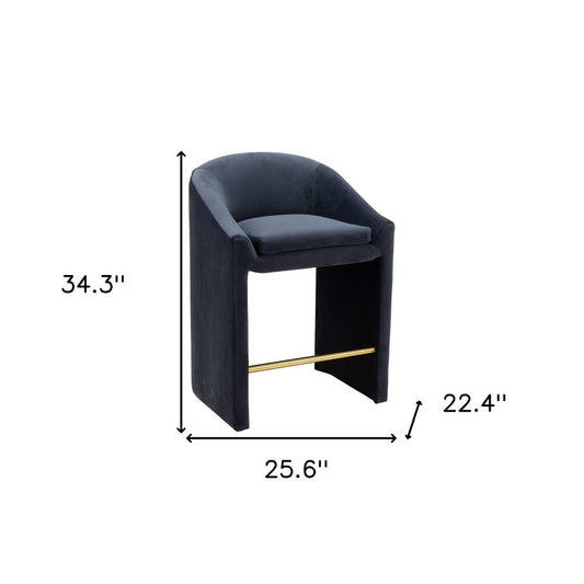 26" Gray And Gold Velvet And Steel Counter Height Bar Chair