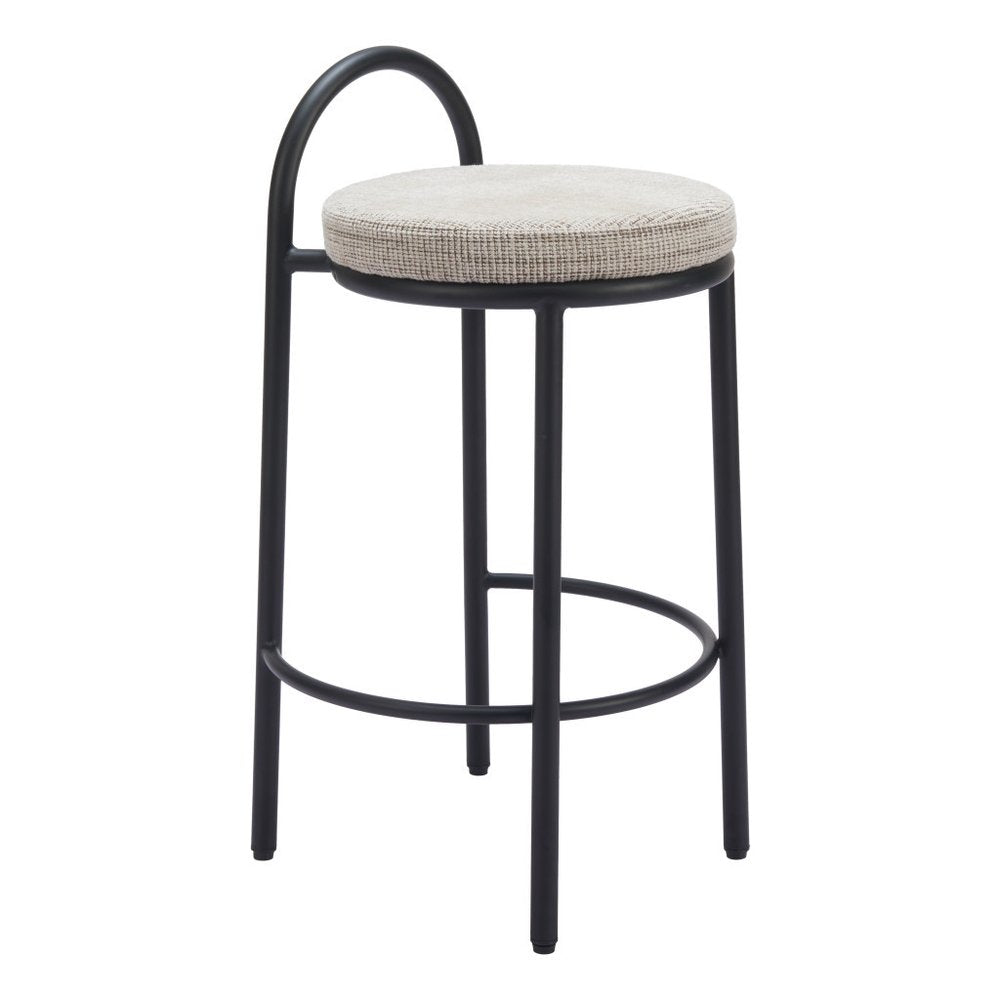 Set of Two 26" Beige and Black Chenille and Steel Low Back Counter Height Bar Chairs