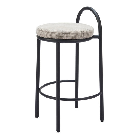 Set of Two 26" Beige and Black Chenille and Steel Low Back Counter Height Bar Chairs