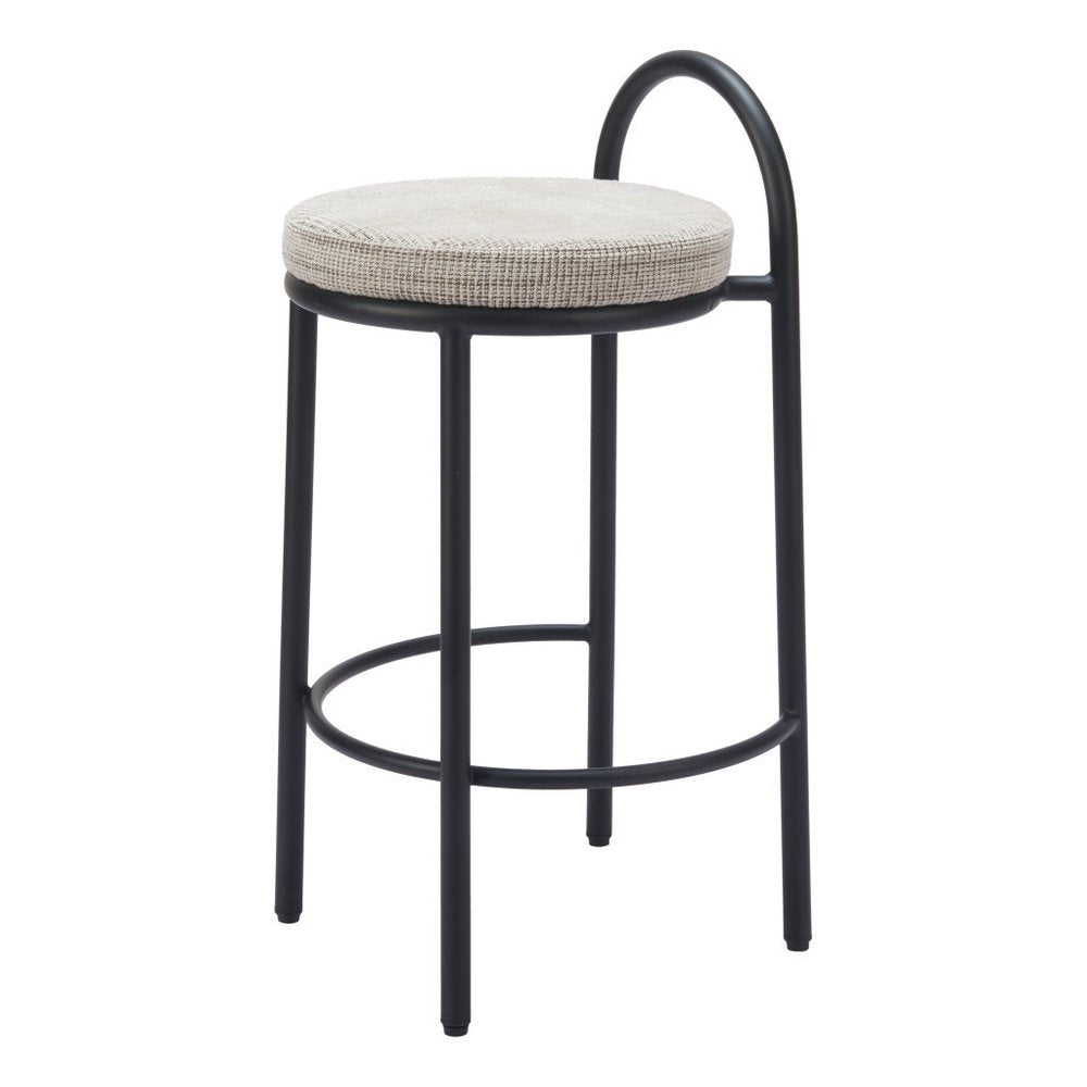 Set of Two 26" Beige and Black Chenille and Steel Low Back Counter Height Bar Chairs