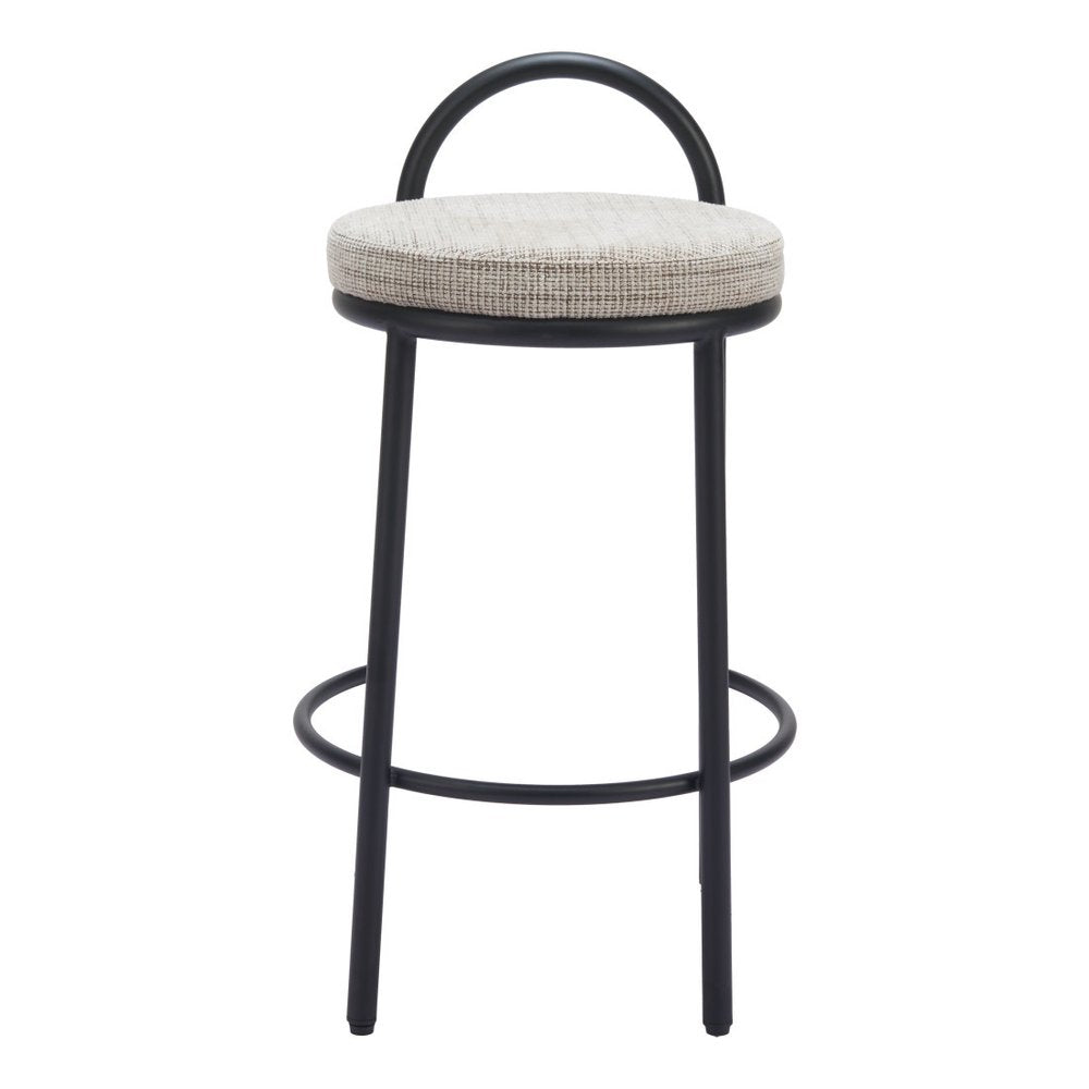 Set of Two 26" Beige and Black Chenille and Steel Low Back Counter Height Bar Chairs