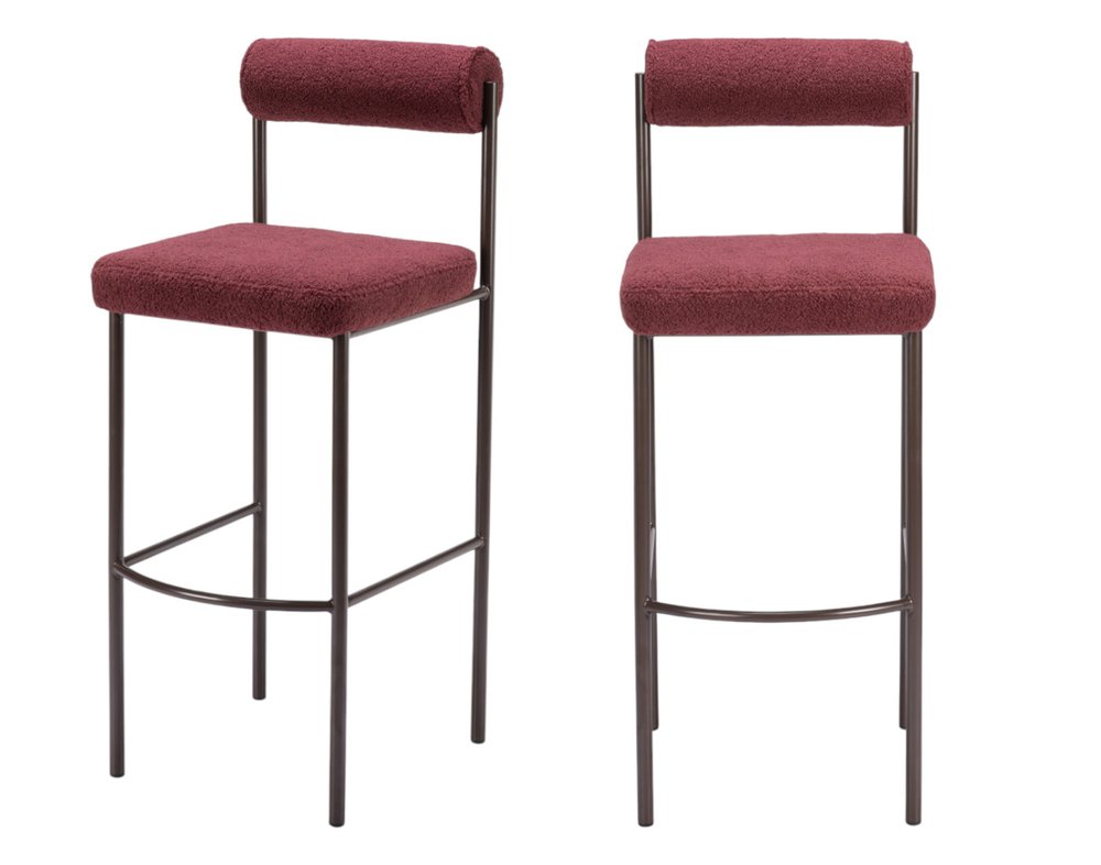 Set of Two 30" Red and Bronze Shearling and Steel Low Back Bar Height Bar Chairs