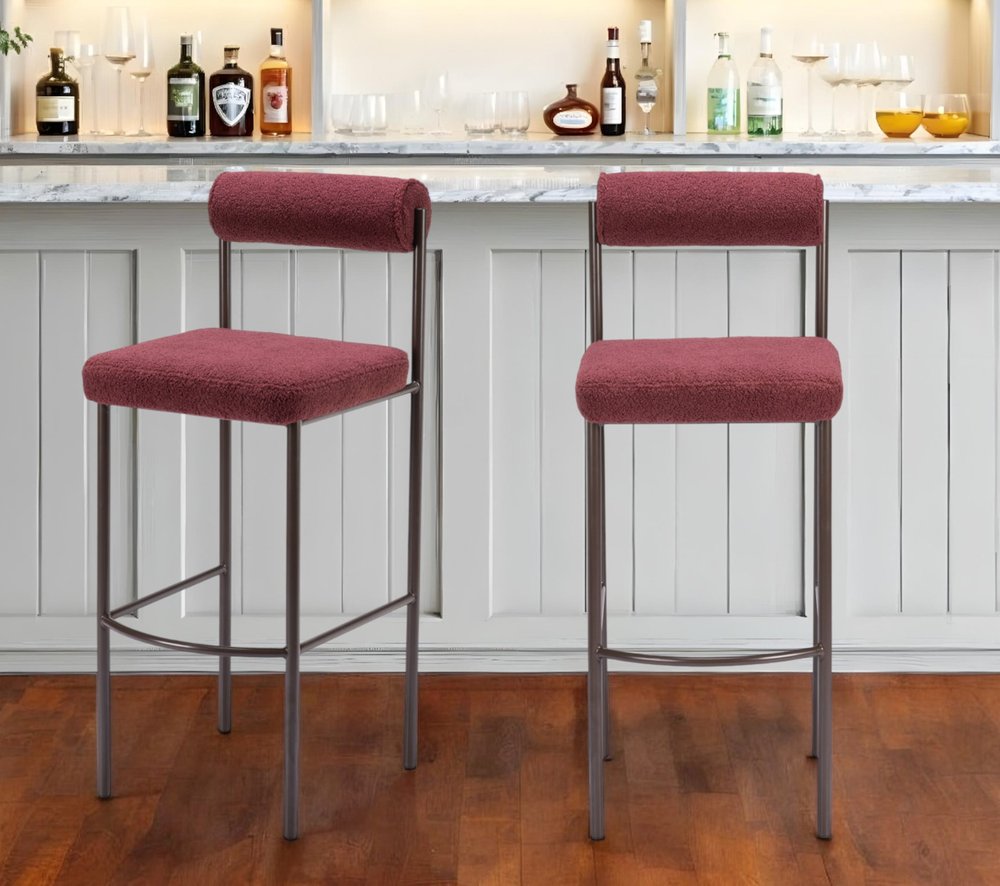 Set of Two 30" Red and Bronze Shearling and Steel Low Back Bar Height Bar Chairs
