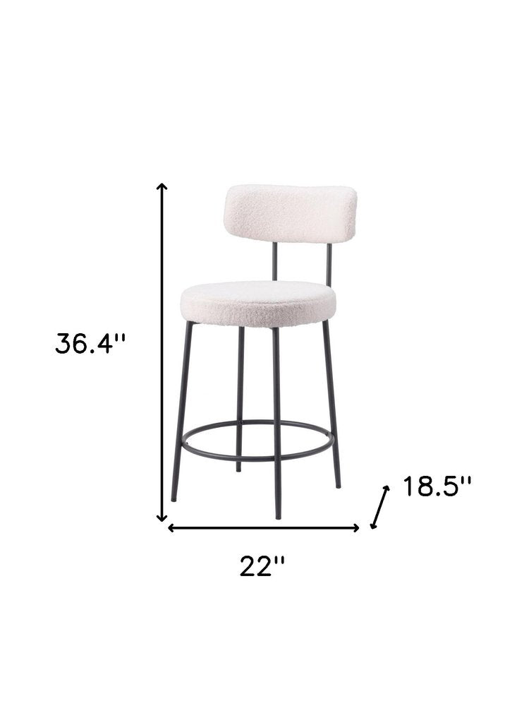 Set of Two 25" Ivory and Black Shearling and Steel Low Back Counter Height Bar Chairs