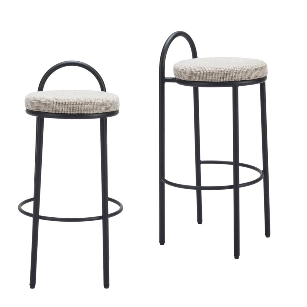 Set of Two 30" Beige and Black Chenille and Steel Low Back Bar Height Bar Chairs