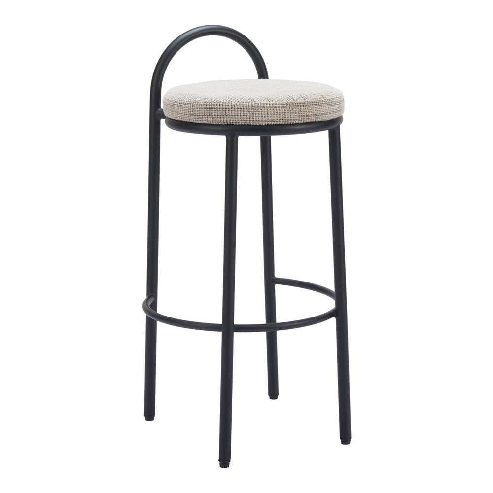 Set of Two 30" Beige and Black Chenille and Steel Low Back Bar Height Bar Chairs