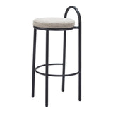 Set of Two 30" Beige and Black Chenille and Steel Low Back Bar Height Bar Chairs