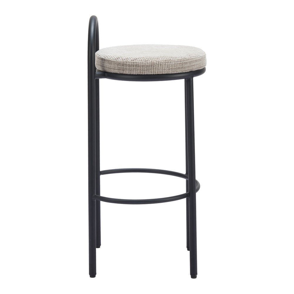 Set of Two 30" Beige and Black Chenille and Steel Low Back Bar Height Bar Chairs