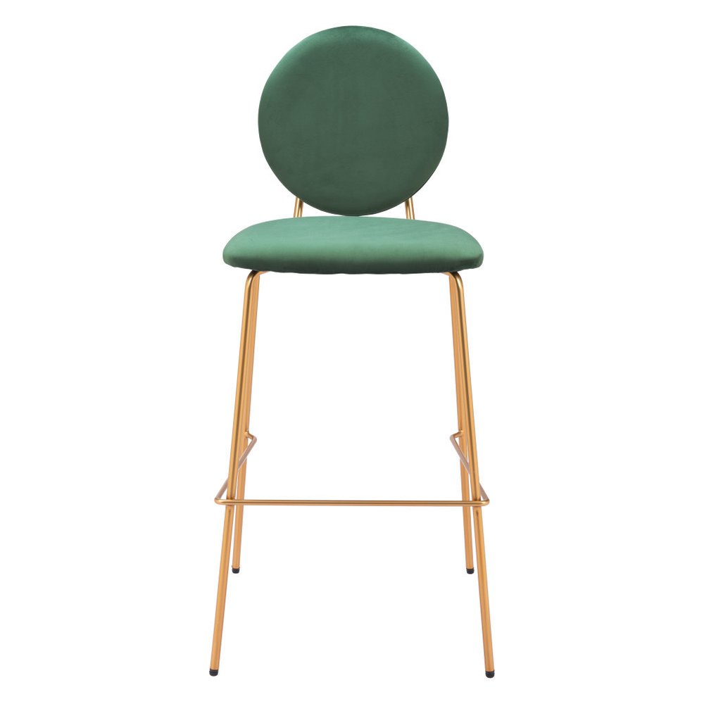 Set of Two 30" Green and Gold Velvet and Steel Bar Height Bar Chairs