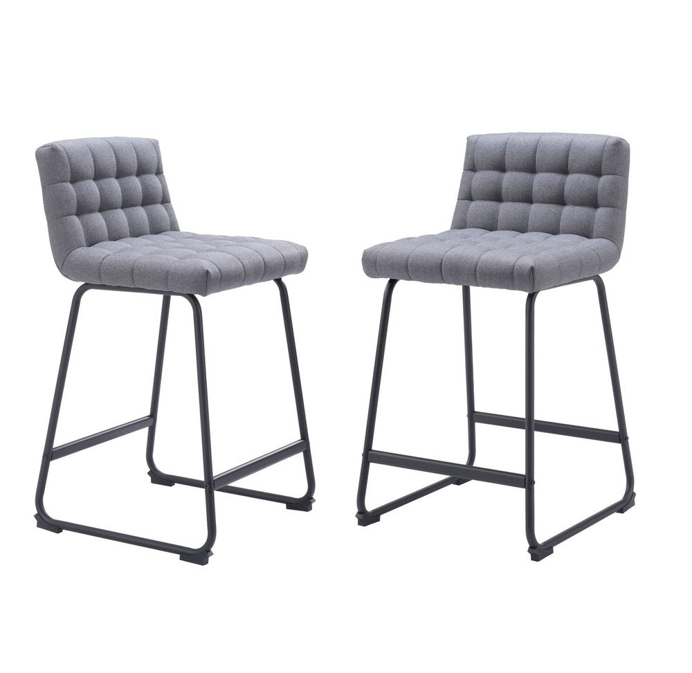 Set of Two 26" Gray And Black Fabric And Steel Counter Height Bar Chairs