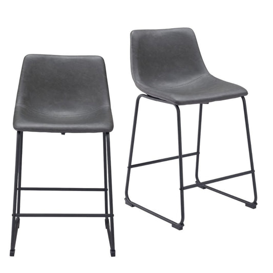 Set of Two 24" Charcoal And Black Faux Leather And Steel Counter Height Bar Chairs
