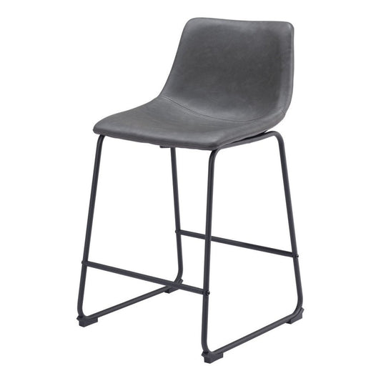 Set of Two 24" Charcoal And Black Faux Leather And Steel Counter Height Bar Chairs