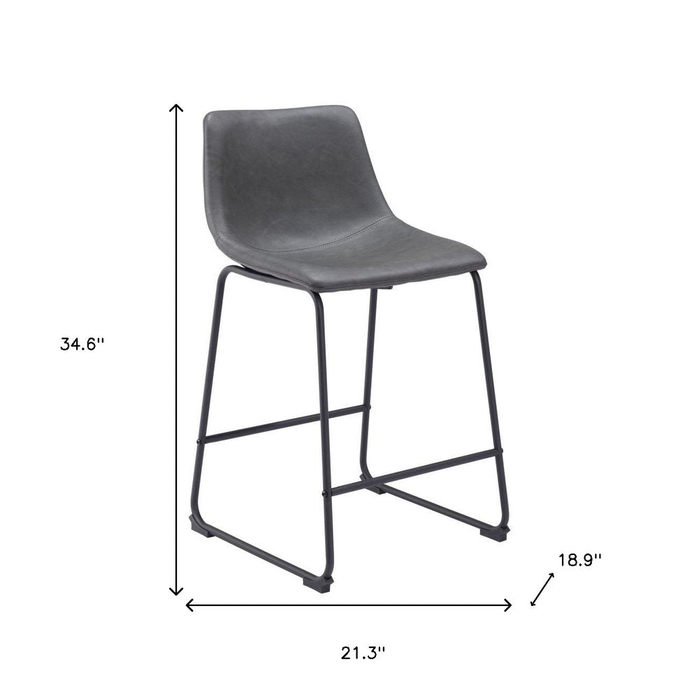 Set of Two 24" Charcoal and Black Faux Leather and Steel Counter Height Bar Chairs