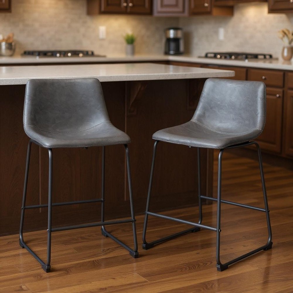 Set of Two 24" Charcoal and Black Faux Leather and Steel Counter Height Bar Chairs