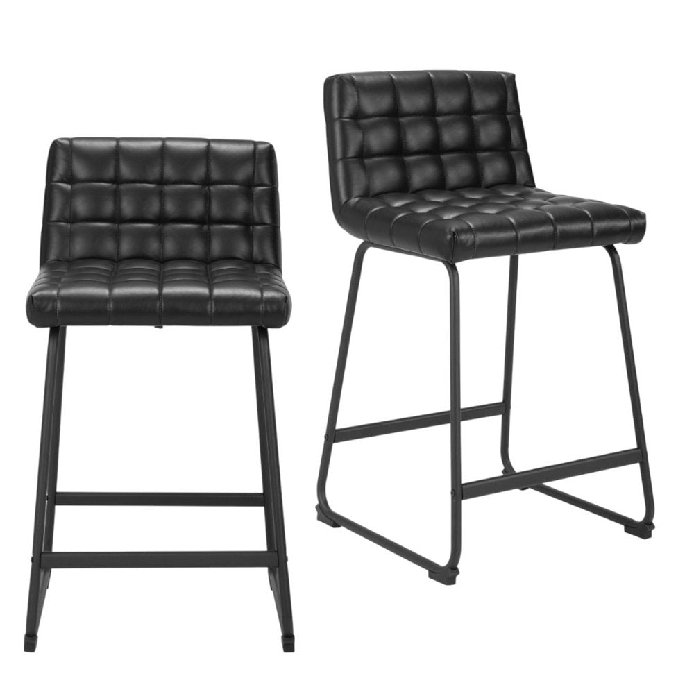 Set of Two 26" Black Faux Leather and Steel Counter Height Bar Chairs