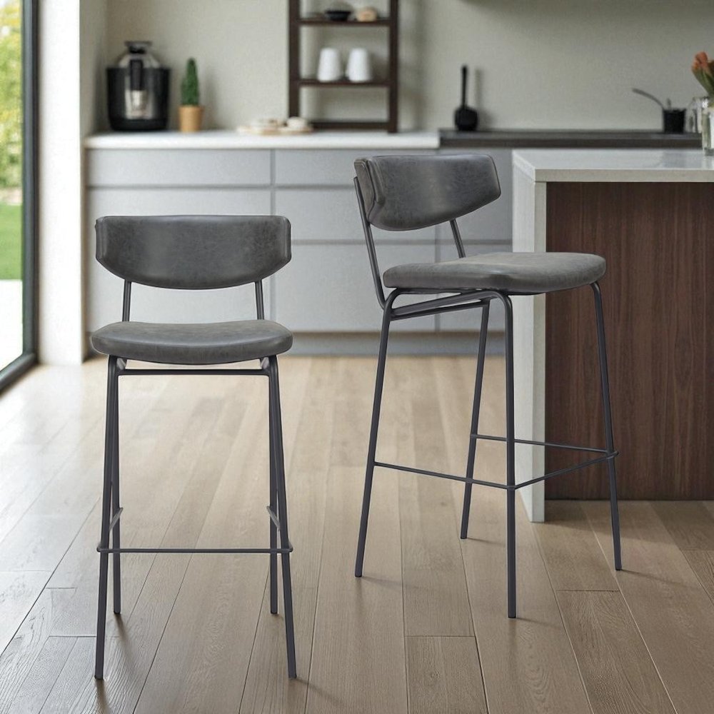 Set of Two 26" Black Faux Leather and Steel Low Back Counter Height Bar Chairs