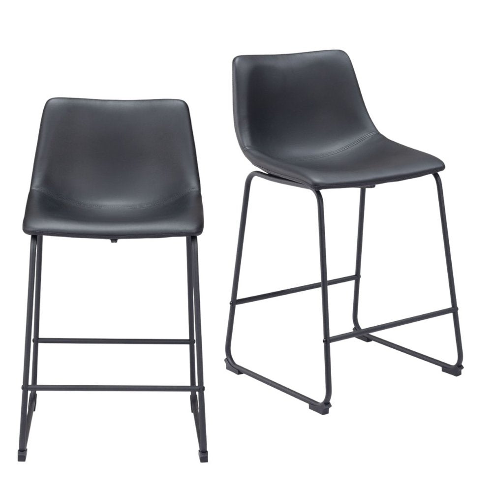 Set of Two 24" Black Faux Leather and Steel Counter Height Bar Chairs