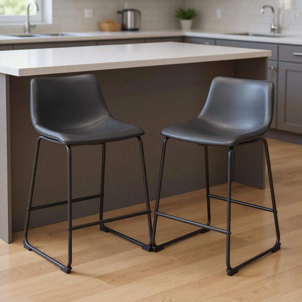 Set of Two 24" Black Faux Leather and Steel Counter Height Bar Chairs