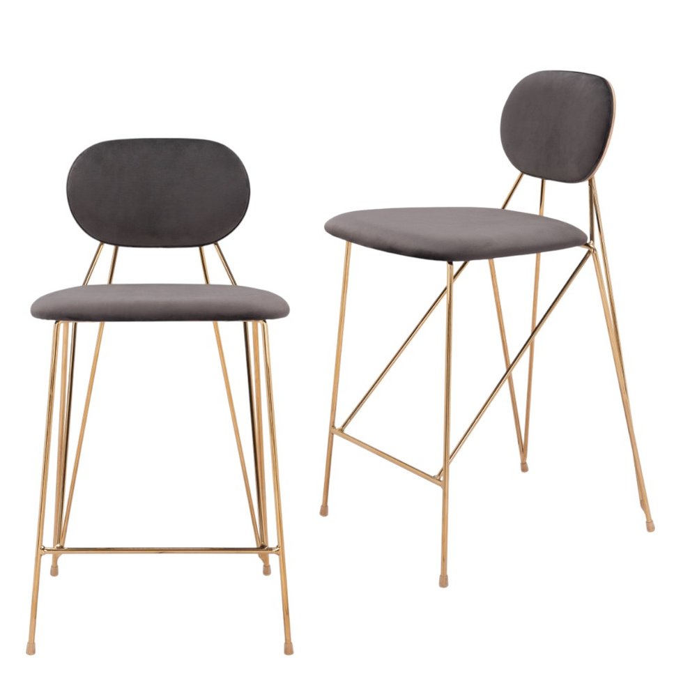 Set of Two 26" Gray and Gold Velvet and Steel Low Back Counter Height Bar Chairs