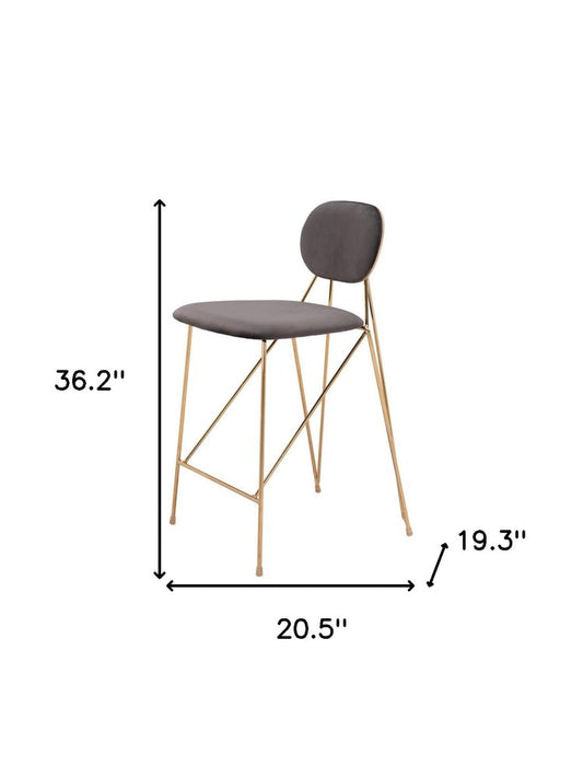 Set of Two 26" Gray And Gold Velvet And Steel Low Back Counter Height Bar Chairs