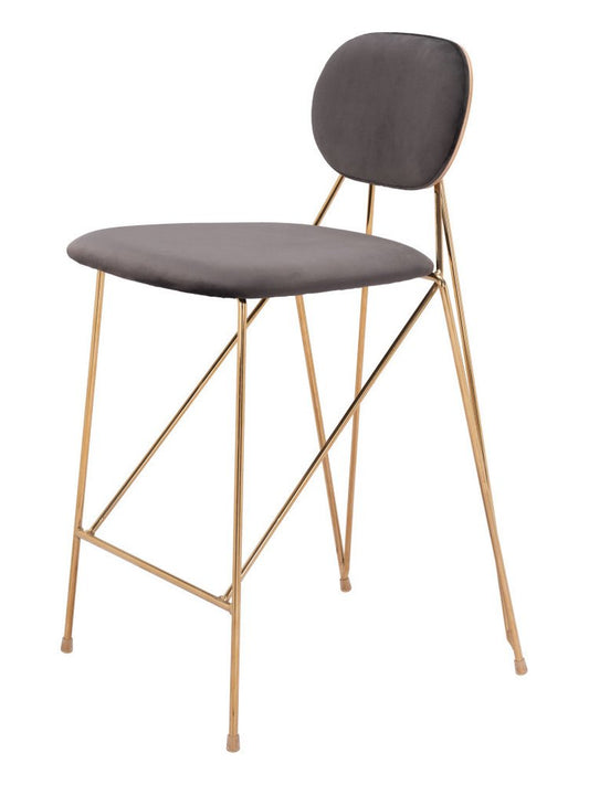 Set of Two 26" Gray And Gold Velvet And Steel Low Back Counter Height Bar Chairs