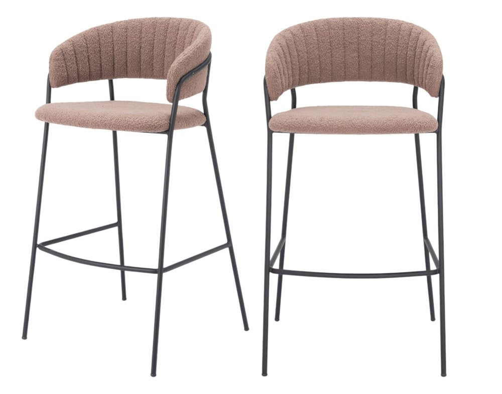 Set of Two 30" Brown and Black Shearling and Steel Low Back Bar Height Bar Chairs