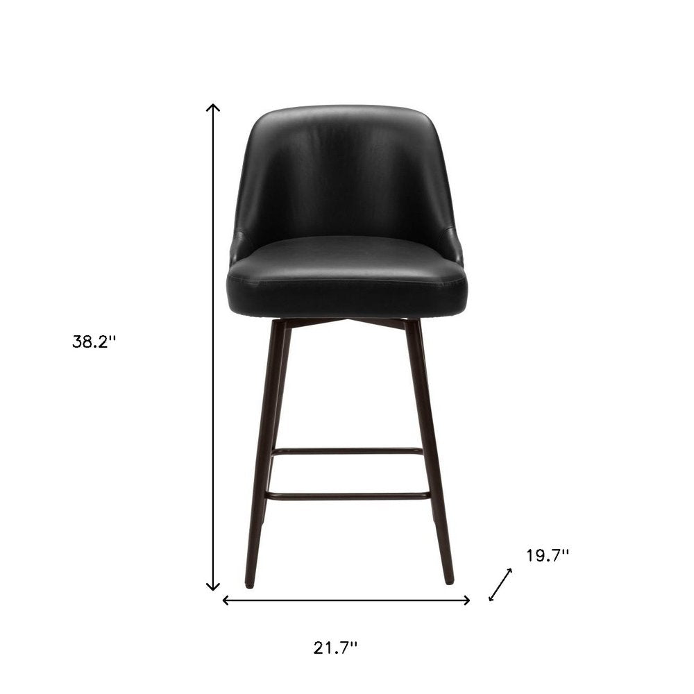 26" Black And Bronze Faux Leather And Steel Counter Height Swivel Bar Chair