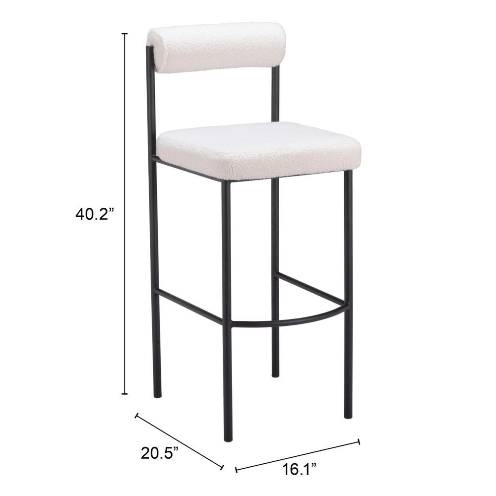 Set of Two 30" Ivory and Black Shearling and Steel Low Back Bar Height Bar Chairs