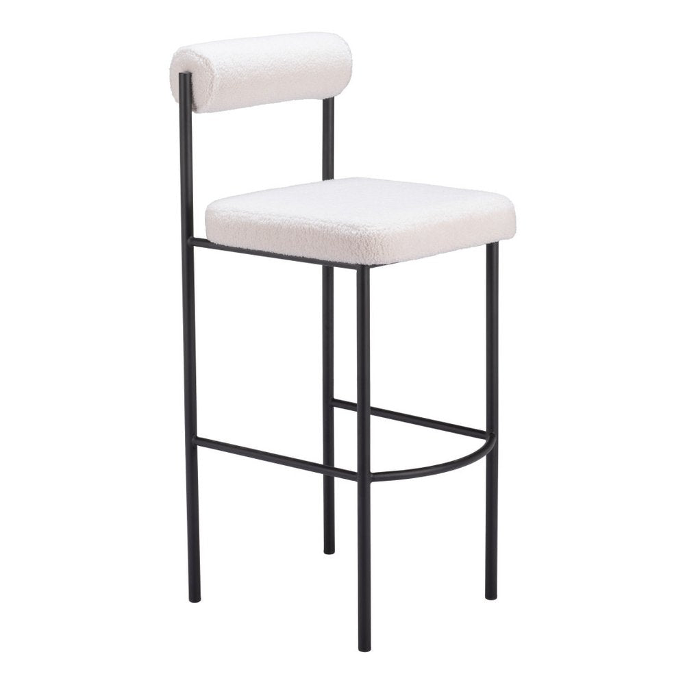 Set of Two 30" Ivory and Black Shearling and Steel Low Back Bar Height Bar Chairs