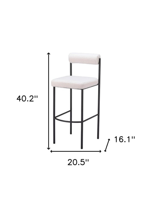 Set of Two 30" Ivory And Black Shearling And Fabric And Steel Low Back Bar Height Bar Chairs